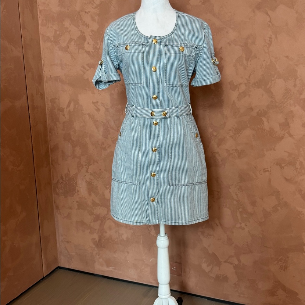 Celine Light Blue Striped Denim Shirt Dress with Gold Buttons